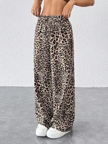 Women's Leopard Print Pants Wide Leg Elastic Waist Drawstring Loose Joggers Pant in Saudi Arabia