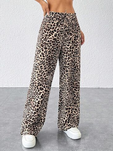 Women's Leopard Print Pants Wide Leg Elastic Waist Drawstring Loose Joggers Pant in Saudi Arabia