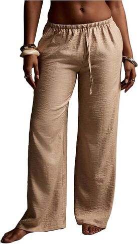 Women's Wide Leg Casual Pants Drawstring Waist Low Rise Boho Trousers Beach Resort Outfit with Pockets in Kuwait