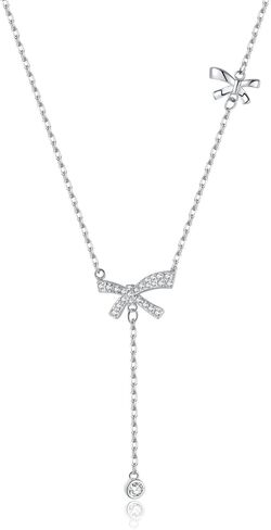 SLUYNZ 925 Sterling Silver Bow Y Necklace for Women Teens Cubic Zirconia Bow Y Necklace Pendant Bow Chain Necklace in Saudi Arabia