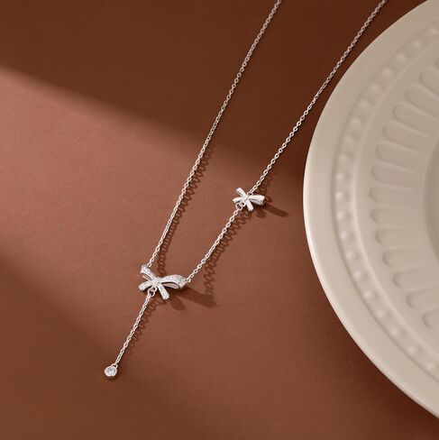 SLUYNZ 925 Sterling Silver Bow Y Necklace for Women Teens Cubic Zirconia Bow Y Necklace Pendant Bow Chain Necklace in Saudi Arabia