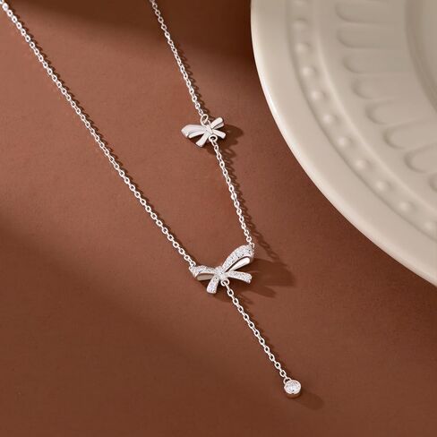 SLUYNZ 925 Sterling Silver Bow Y Necklace for Women Teens Cubic Zirconia Bow Y Necklace Pendant Bow Chain Necklace in Saudi Arabia