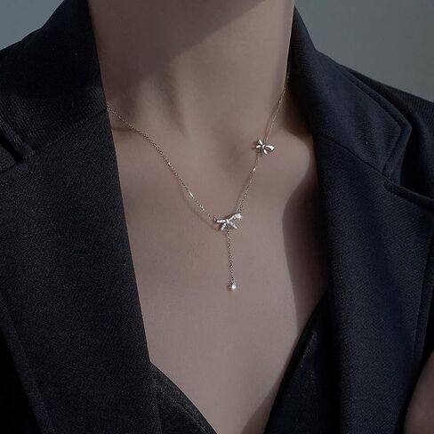 SLUYNZ 925 Sterling Silver Bow Y Necklace for Women Teens Cubic Zirconia Bow Y Necklace Pendant Bow Chain Necklace in Saudi Arabia