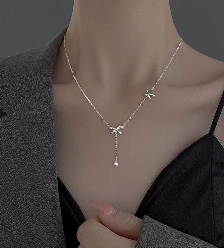 SLUYNZ 925 Sterling Silver Bow Y Necklace for Women Teens Cubic Zirconia Bow Y Necklace Pendant Bow Chain Necklace in Saudi Arabia