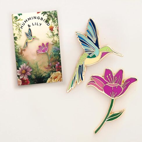 2 Piece Gift Set - Hummingbird & Pink Lily Flower Enamel Pin, Hummingbird Gifts in Saudi Arabia