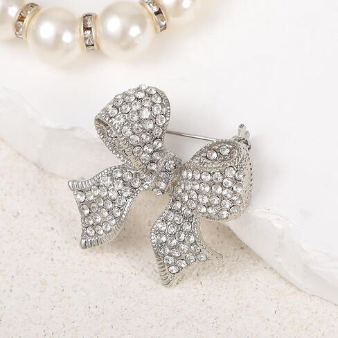 Rhinestone Bow Brooch Pin for Women Elegant Vintage Sparkly Silver Crystal Brooches Pins for Lapel Dress Suit Shirt Ceremony Clothes Decoration Accessories in Saudi Arabia