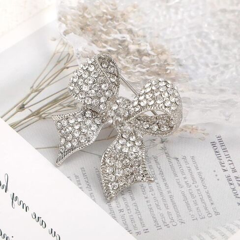 Rhinestone Bow Brooch Pin for Women Elegant Vintage Sparkly Silver Crystal Brooches Pins for Lapel Dress Suit Shirt Ceremony Clothes Decoration Accessories in Saudi Arabia