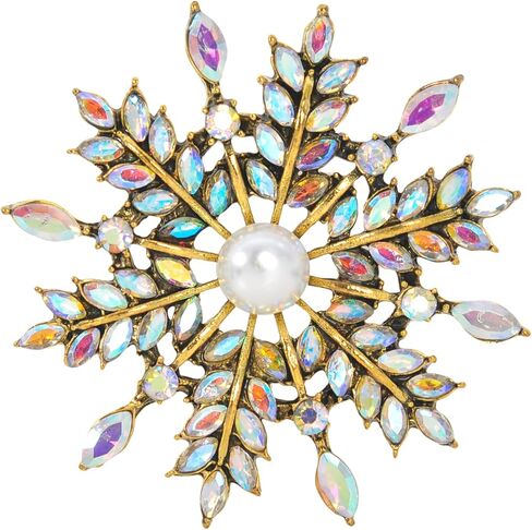 Gyn&Joy Womens Shine Aurora Borealis Iridescent Crystal Pearl Snowflake Flower Brooch Pin in Saudi Arabia