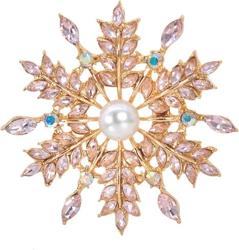 Gyn&Joy Womens Shine Aurora Borealis Iridescent Crystal Pearl Snowflake Flower Brooch Pin in Saudi Arabia