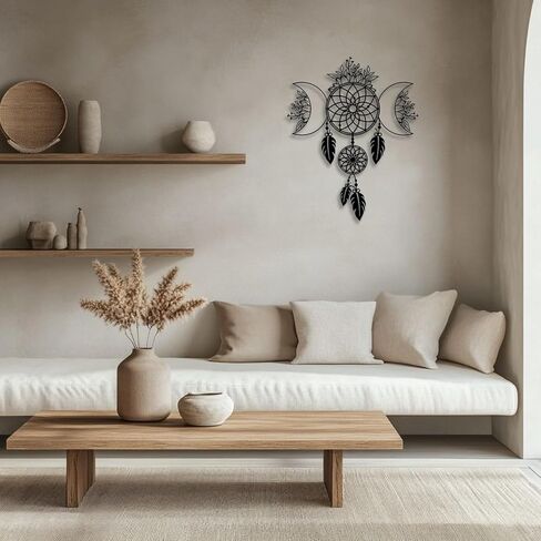 LIYOUYA Moon Flowers Dream Catcher ديكور حائط معدني - ديكور غرفة بوهيمية أسود جدار فني ديكور منزلي لغرفة المعيشة والحمام وغرفة النوم وغرفة الطعام (أسود) in Kuwait