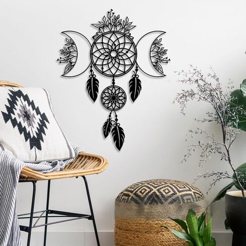 LIYOUYA Moon Flowers Dream Catcher ديكور حائط معدني - ديكور غرفة بوهيمية أسود جدار فني ديكور منزلي لغرفة المعيشة والحمام وغرفة النوم وغرفة الطعام (أسود) in Kuwait