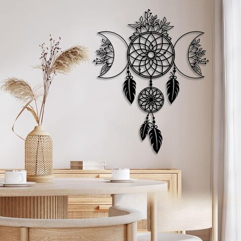 LIYOUYA Moon Flowers Dream Catcher ديكور حائط معدني - ديكور غرفة بوهيمية أسود جدار فني ديكور منزلي لغرفة المعيشة والحمام وغرفة النوم وغرفة الطعام (أسود) in Kuwait