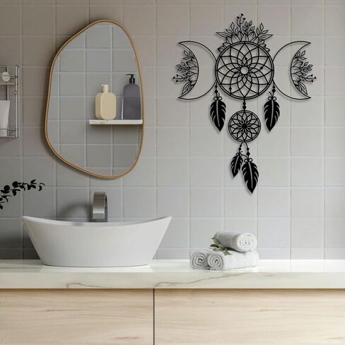 LIYOUYA Moon Flowers Dream Catcher ديكور حائط معدني - ديكور غرفة بوهيمية أسود جدار فني ديكور منزلي لغرفة المعيشة والحمام وغرفة النوم وغرفة الطعام (أسود) in Kuwait