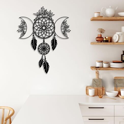 LIYOUYA Moon Flowers Dream Catcher ديكور حائط معدني - ديكور غرفة بوهيمية أسود جدار فني ديكور منزلي لغرفة المعيشة والحمام وغرفة النوم وغرفة الطعام (أسود) in Kuwait