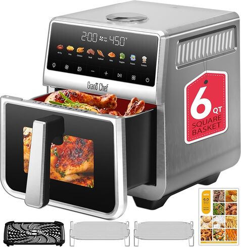 Digital Air Fryer, 6 Qt, Stainless Steel Air Fryer Oven, Full Stainless Steel, Ceramic Glaze, PTFE and PFAS Free, 9 Presets With High-Resolution Colorful Touch Control, Max 450F, 1700W in Saudi Arabia
