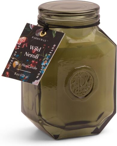 Paddywax Botanica Scented Candle with Lid in Reusable Embossed Glass Jar, Clean-Burn Soy Candle with Approx. 56 Hour Burn Time, Cotton & Teak, 8 oz in Saudi Arabia