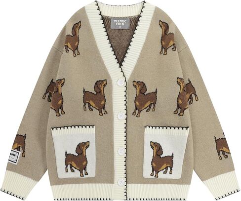 Aelfric Eden Women's Hand Drawn Dachshund Cardigan Sweater V Neck Long Sleeve Open Front Button Down Outwear Knitted Coats in Saudi Arabia