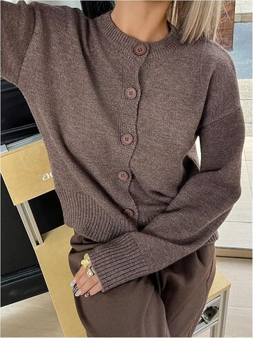 GORGLITTER Women's Cropped Button Up Cardigan Sweaters Crew Neck Chunky Cozy Sweater Long Sleeve Knit Tops Trendy in Saudi Arabia