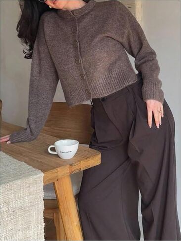 GORGLITTER Women's Cropped Button Up Cardigan Sweaters Crew Neck Chunky Cozy Sweater Long Sleeve Knit Tops Trendy in Saudi Arabia