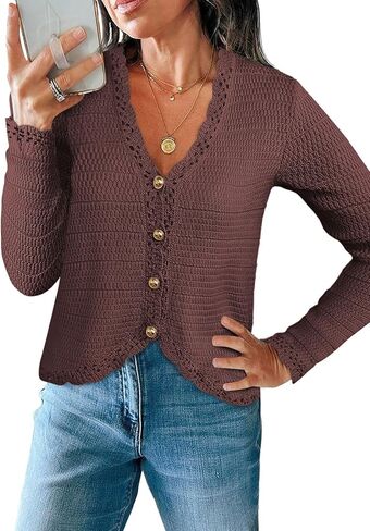 Womens Cardigan Sweaters Trendy Cropped Button Up Long Sleeve V Neck Loose Boho Casual Knit Tops Fall Outfits in Saudi Arabia