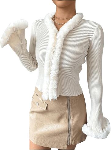 Verdusa Women's Fuzzy Fleece Collar Cardigan Sweaters Long Flare Sleeve Fitted Knit Tops in Saudi Arabia