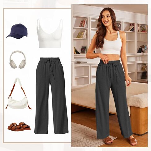 سيمارو المرأة عادية واسعة الساق بيجامة السراويل الناعمة عالية الخصر اليوغا بالازو Sweatpants فضفاضة مريحة صالة السراويل مع جيوب in Kuwait