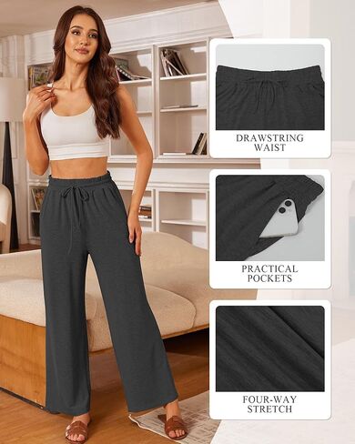 سيمارو المرأة عادية واسعة الساق بيجامة السراويل الناعمة عالية الخصر اليوغا بالازو Sweatpants فضفاضة مريحة صالة السراويل مع جيوب in Kuwait