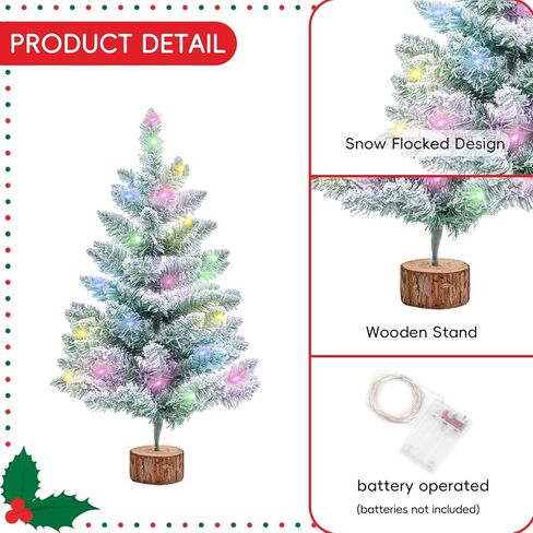 شجرة عيد الميلاد الاصطناعية بطول 2 قدم مع أضواء شجرة عيد الميلاد الخضراء على الطاولة مع حامل خشبي مضاء بالبطارية تعمل بالثلج شجرة صنوبر صغيرة لعيد الميلاد للديكور الداخلي والخارجي لقضاء العطلات في المنزل in Kuwait