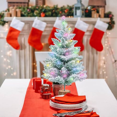 شجرة عيد الميلاد الاصطناعية بطول 2 قدم مع أضواء شجرة عيد الميلاد الخضراء على الطاولة مع حامل خشبي مضاء بالبطارية تعمل بالثلج شجرة صنوبر صغيرة لعيد الميلاد للديكور الداخلي والخارجي لقضاء العطلات في المنزل in Kuwait