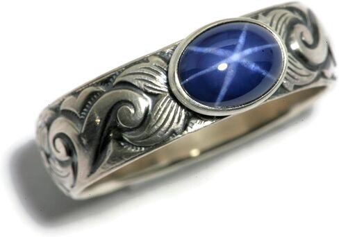 Created Blue Star Sapphire Ring Flower Wave Pattern Vintage Silver in Saudi Arabia