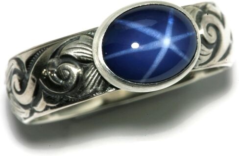 Created Blue Star Sapphire Ring Flower Wave Pattern Vintage Silver in Saudi Arabia