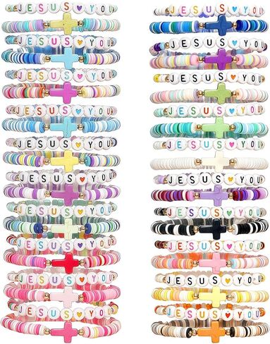 40 Pcs Jesus Loves You Bracelets for Women, Stretch Stackable Elastic Layering Christian Friendship Bracelet, Bible Verse Religious Jewelry for Women Xmas Gifts in Saudi Arabia
