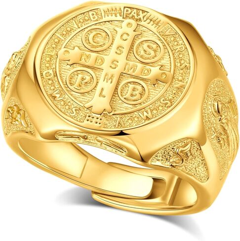 EUDORA 18K Gold-Plated Sterling Silver St Benedict Ring San Benito Rings for Women Men, 18K Gold-Plated Saint Benedict Amulet Adjustable Ring Christian Catholic Jewelry Gifts for Women Mens Mother in Saudi Arabia