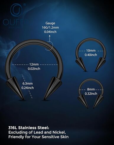 OUFER 16G Lip Rings Snake Bites Lip Piercing Jewelry, 6PCS 8/10/12MM Horseshoe Long Spike Labret Rings, 316L Surgical Steel Septum Conch Piercing Jewelry in Kuwait