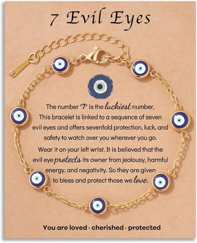 18K Gold Plated Stainless Steel 7 Evil Eyes Bracelet - Sevenfold Protection Bracelet Ojo Turco Amulet Lucky Jewelry Gifts with Meaning Card for Women & Teen Girls in Saudi Arabia