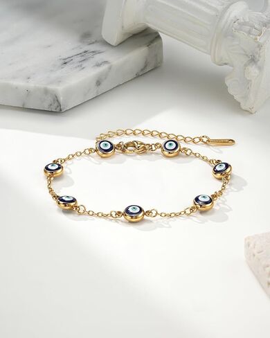 18K Gold Plated Stainless Steel 7 Evil Eyes Bracelet - Sevenfold Protection Bracelet Ojo Turco Amulet Lucky Jewelry Gifts with Meaning Card for Women & Teen Girls in Saudi Arabia