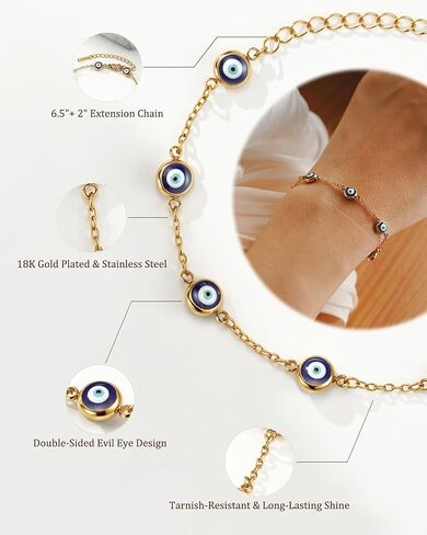 18K Gold Plated Stainless Steel 7 Evil Eyes Bracelet - Sevenfold Protection Bracelet Ojo Turco Amulet Lucky Jewelry Gifts with Meaning Card for Women & Teen Girls in Saudi Arabia