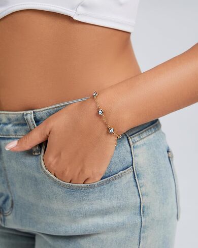 18K Gold Plated Stainless Steel 7 Evil Eyes Bracelet - Sevenfold Protection Bracelet Ojo Turco Amulet Lucky Jewelry Gifts with Meaning Card for Women & Teen Girls in Saudi Arabia