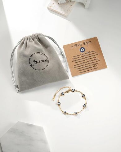 18K Gold Plated Stainless Steel 7 Evil Eyes Bracelet - Sevenfold Protection Bracelet Ojo Turco Amulet Lucky Jewelry Gifts with Meaning Card for Women & Teen Girls in Saudi Arabia