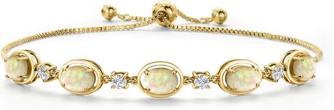 Gem Stone King 18K Yellow Gold Plated Silver White Ethiopian Opal, Lab Grown Diamond Bracelet For Women | 2.95 Cttw | Gemstone October Birthstone | Oval Cabochon 7X5MM | Fully Adjustable 9 Inch in Saudi Arabia