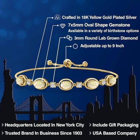 Gem Stone King 18K Yellow Gold Plated Silver White Ethiopian Opal, Lab Grown Diamond Bracelet For Women | 2.95 Cttw | Gemstone October Birthstone | Oval Cabochon 7X5MM | Fully Adjustable 9 Inch in Saudi Arabia