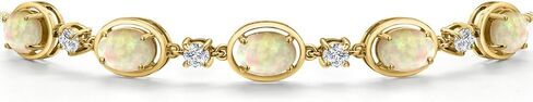 Gem Stone King 18K Yellow Gold Plated Silver White Ethiopian Opal, Lab Grown Diamond Bracelet For Women | 2.95 Cttw | Gemstone October Birthstone | Oval Cabochon 7X5MM | Fully Adjustable 9 Inch in Saudi Arabia