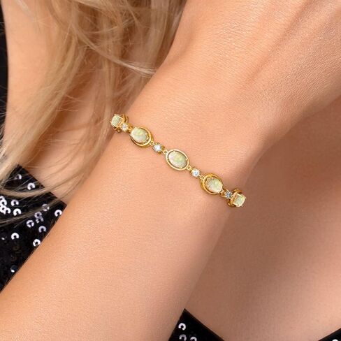 Gem Stone King 18K Yellow Gold Plated Silver White Ethiopian Opal, Lab Grown Diamond Bracelet For Women | 2.95 Cttw | Gemstone October Birthstone | Oval Cabochon 7X5MM | Fully Adjustable 9 Inch in Saudi Arabia