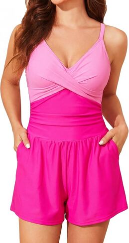 Smismivo Women's Swim Romper One Piece Tummy Control Swimsuits with Shorts and Pockets Modest Bathing Suits Full Coverage in Saudi Arabia