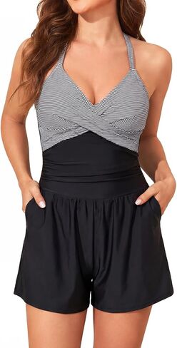 Smismivo Women's Swim Romper One Piece Tummy Control Swimsuits with Shorts and Pockets Modest Bathing Suits Full Coverage in Saudi Arabia