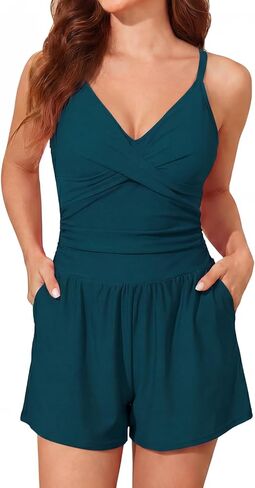 Smismivo Women's Swim Romper One Piece Tummy Control Swimsuits with Shorts and Pockets Modest Bathing Suits Full Coverage in Saudi Arabia