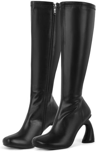 Knee High Boots for Women High Heel Boots 3.74 Inch PU Leather Retro Curved Heel for Fall Winter Outfits, Party, Club, Street Style & Fashion Show in Saudi Arabia