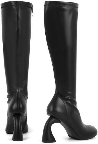 Knee High Boots for Women High Heel Boots 3.74 Inch PU Leather Retro Curved Heel for Fall Winter Outfits, Party, Club, Street Style & Fashion Show in Saudi Arabia