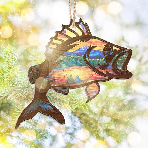 Christmas Fishing Gifts for Men, Fishing Ornament - Suncatcher Christmas Ornaments 2025 - Fish Ornaments for Tree, Sports Gifts for Fisherman, Fish Ornament, Sports Gift for Men Dad Grandpa in Saudi Arabia