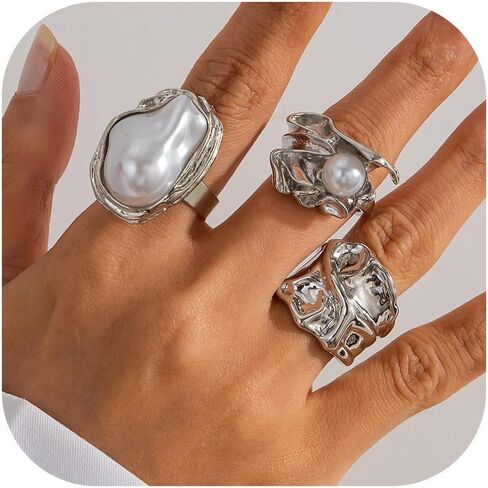 Frodete Gold Chunky Stackable Rings for Women Pearl Flower Statement Jewelry Set in Saudi Arabia